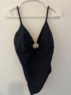 Black Kids One-Piece Swimsuit with Shell Accent